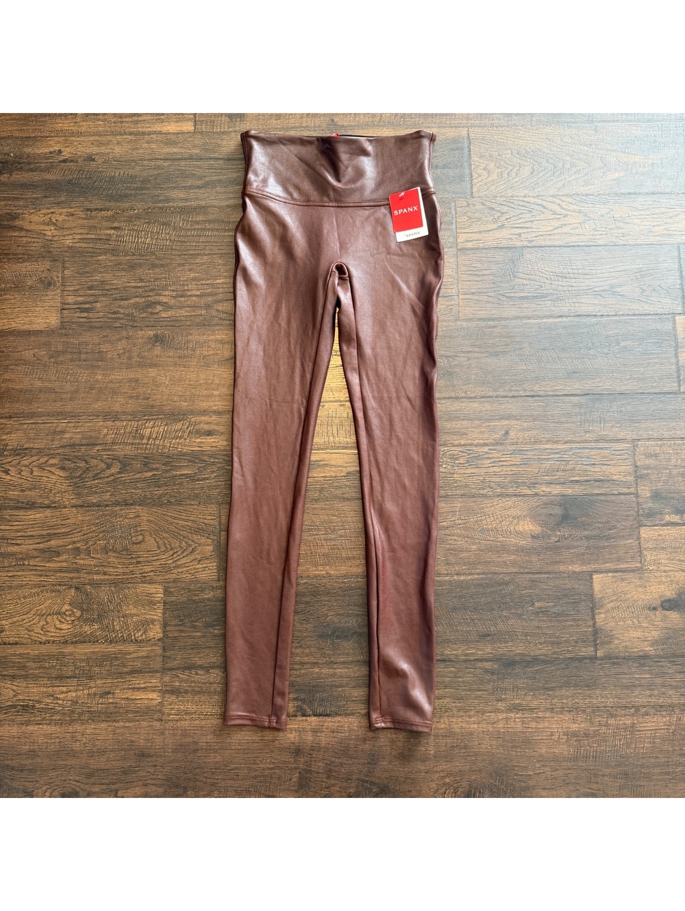 NWT Spanx Women Faux Leather Leggings Mahogany Brown High Rise Shapewear Size S